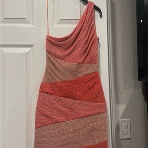 Y2K One-Shoulder Dress zigzag pattern of peach, orange, and nude.